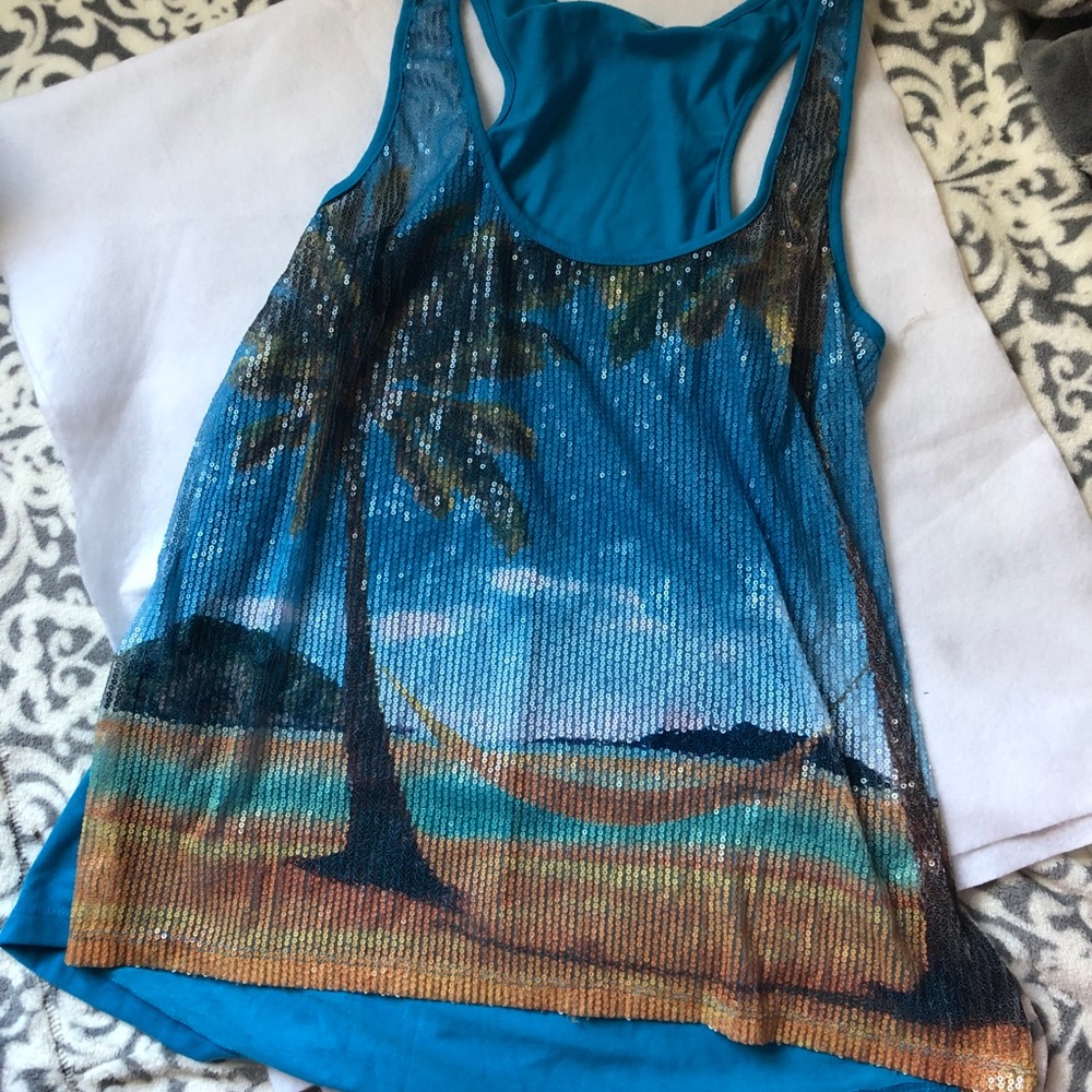 NWOT Summer landscape sequined blue tank top